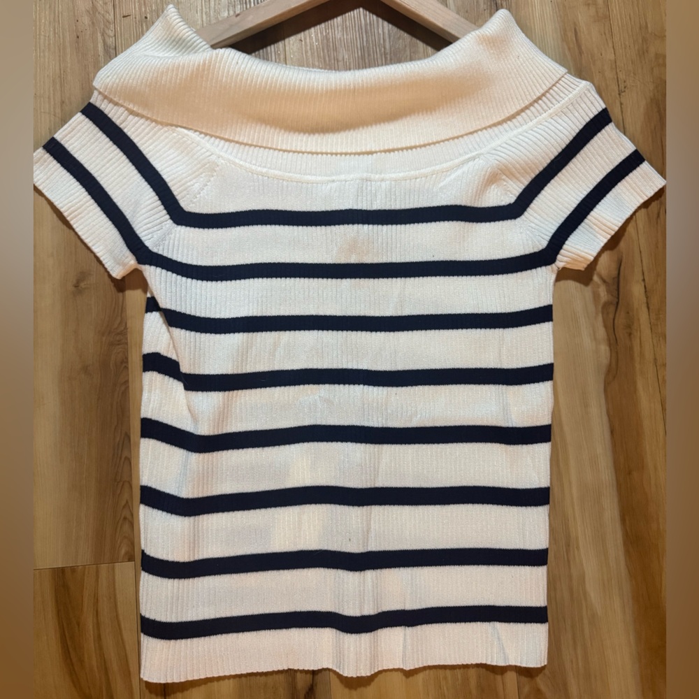 Pink Rose Off-Shoulder Striped Sweater - Ivory and Navy